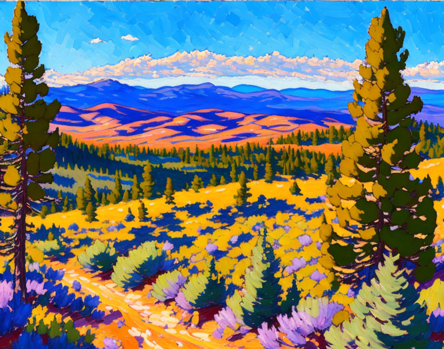 Vibrant landscape painting with dominant yellow tones and rolling hills.