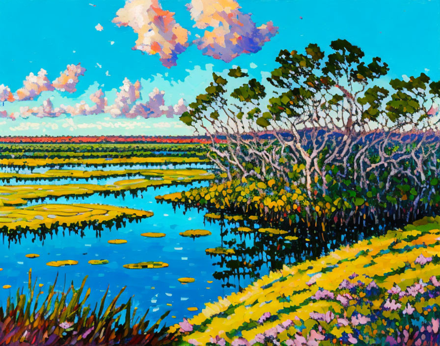 Colorful impressionistic painting of vibrant marsh scene