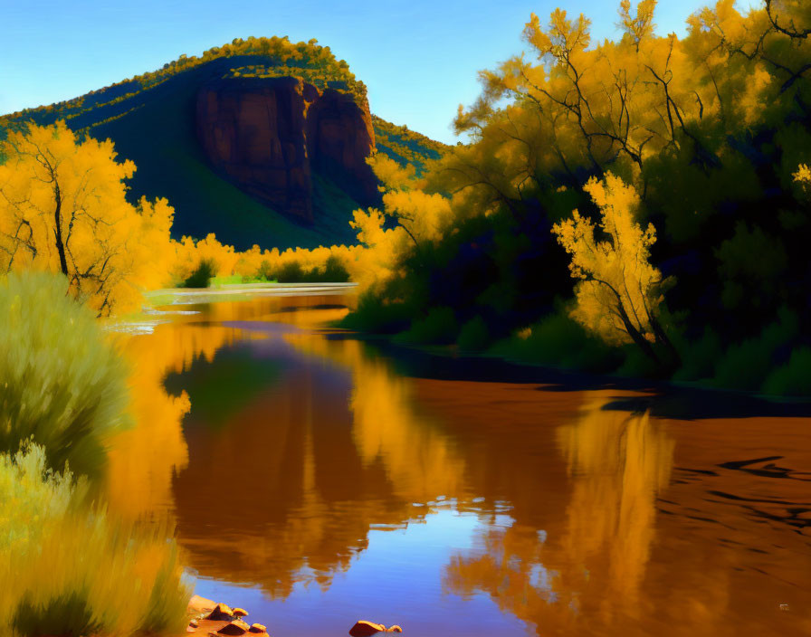 Serene river landscape with lush trees and rocky hill