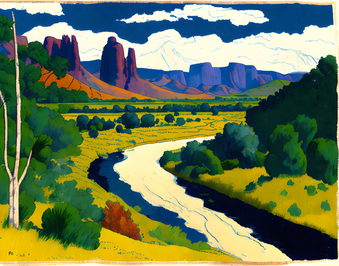 Colorful landscape painting with river, field, cliffs, and mountain.