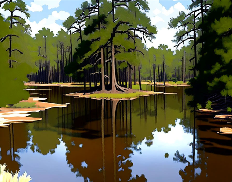 Tranquil forest scene with tall pine trees and lake reflection
