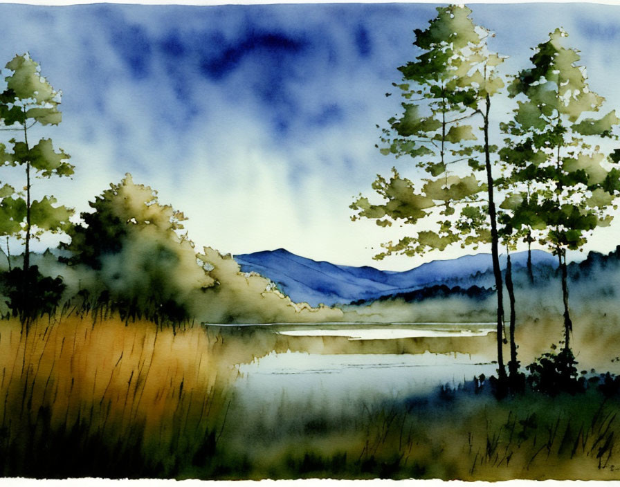 Tranquil watercolor landscape with trees, lake, and mountains