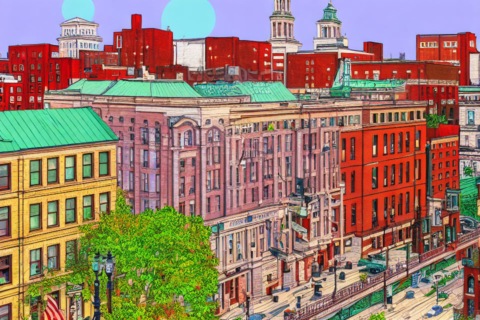 Colorful Cityscape Illustration with Diverse Buildings