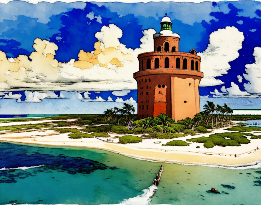 Red-Brick Lighthouse Illustration on Tropical Beach