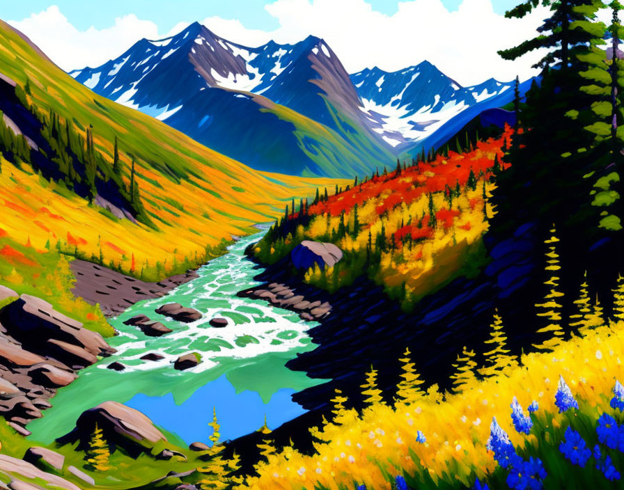 Colorful Mountain Landscape with Wildflowers and River Under Blue Sky