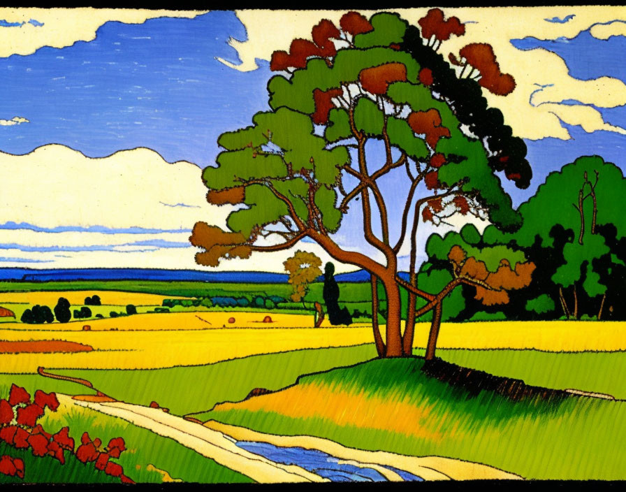 Vivid Stylized Landscape Painting with Tree and Colorful Fields