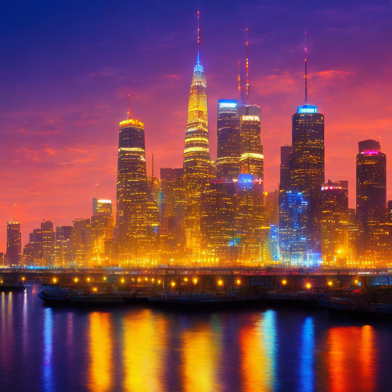 Colorful Twilight Cityscape with Illuminated Skyscrapers