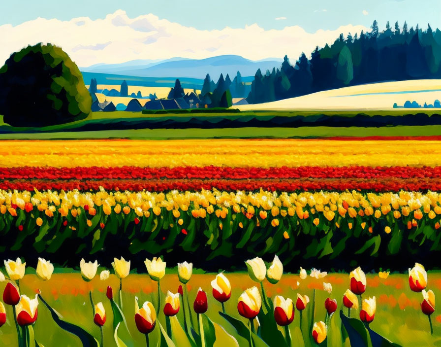 Vibrant tulip field with red, yellow, and white flowers against green trees and blue sky