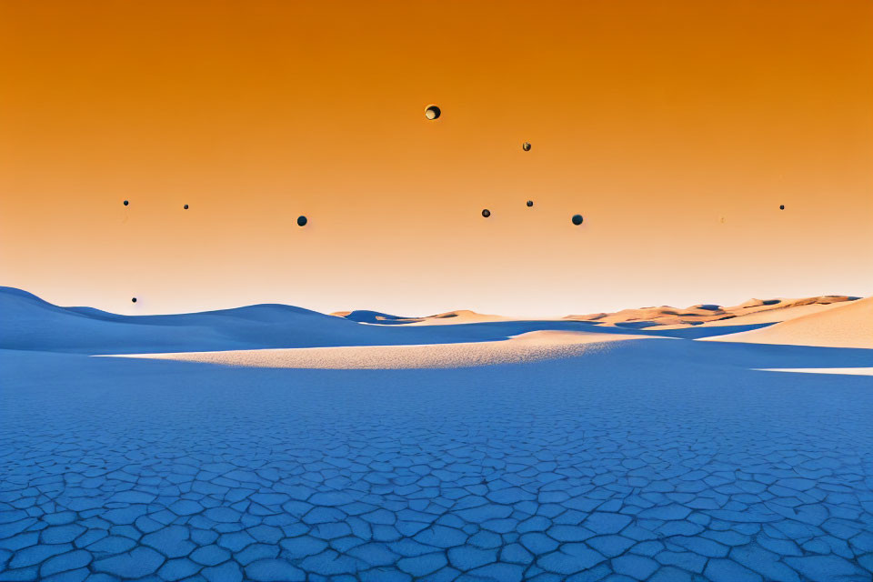 Surreal landscape with cracked white ground and orange sky