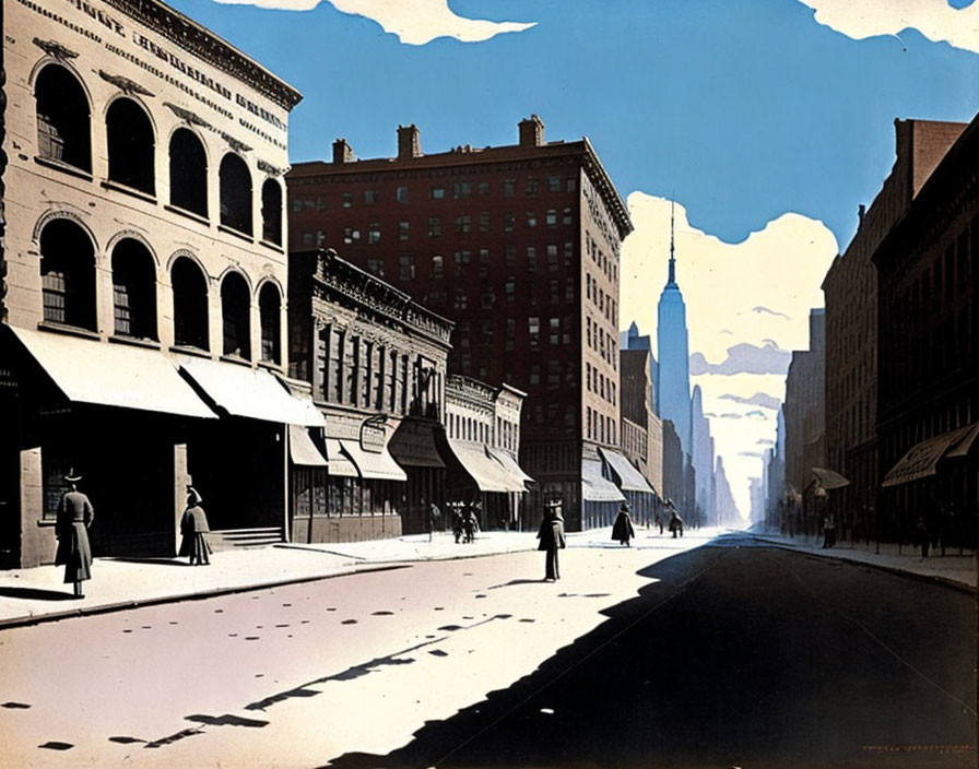 Vintage illustration of sunlit street with pedestrians and classic architecture, early 20th-century cityscape.