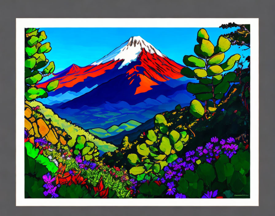 Stylized painting of Mount Fuji with lush vegetation and colorful flowers
