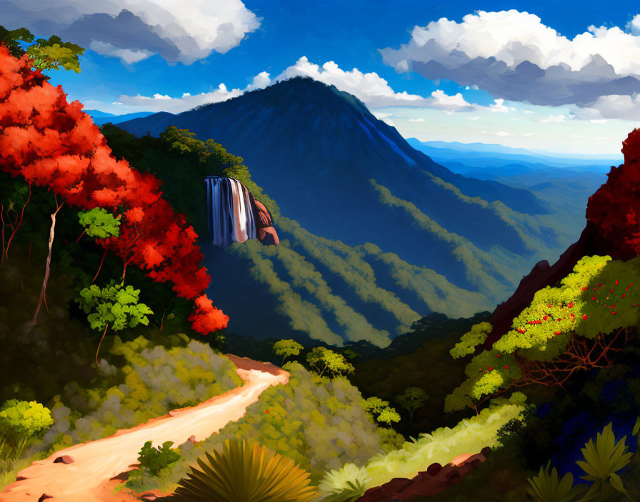 Scenic landscape with mountain, waterfall, forest path, and colorful foliage