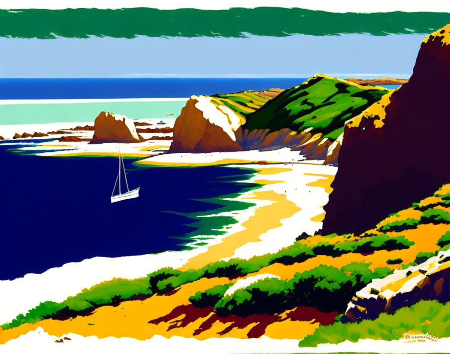 Vivid Coastal Landscape with Sailboat, Beach, and Cliffs
