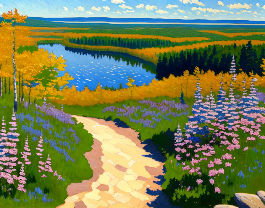 Colorful Flower Fields and Serene Lake in Landscape Painting