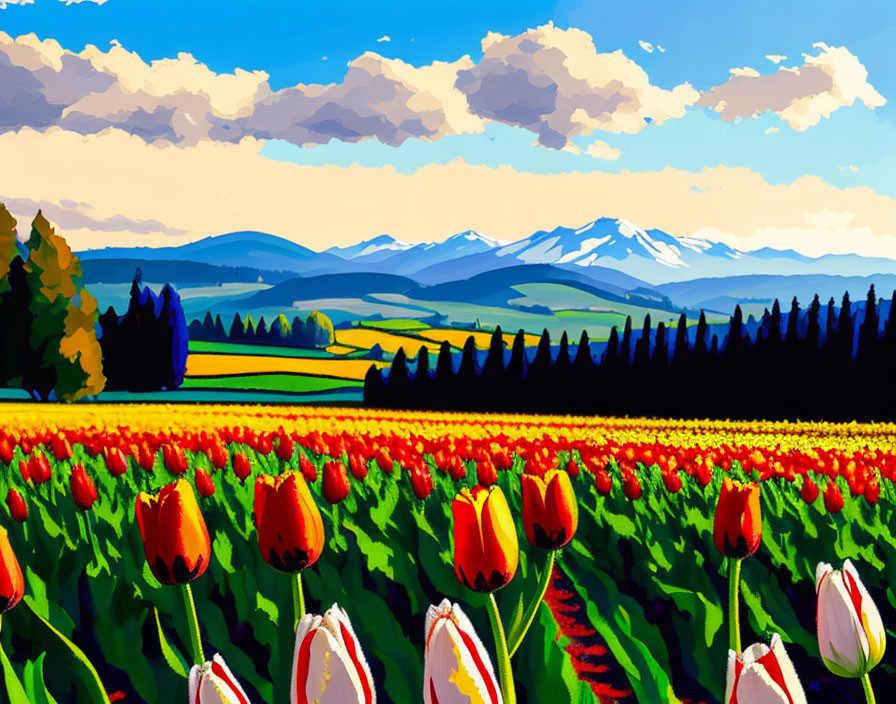 Colorful tulip field with red and yellow flowers, lush trees, snow-capped mountains, and