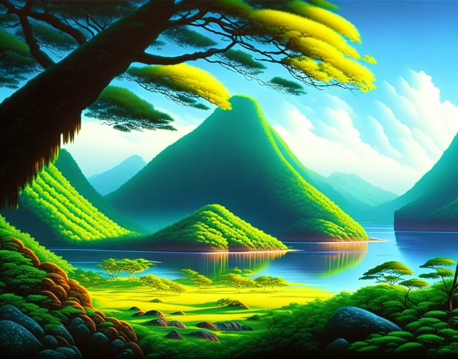 Serene landscape with green mountains and blue sky