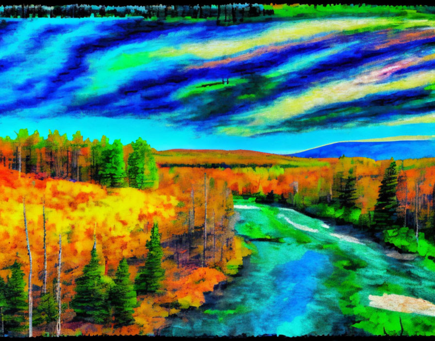 Colorful Abstract Landscape with Blue River and Autumn Forests
