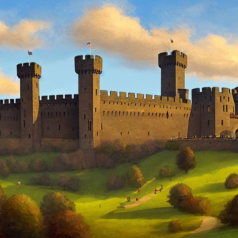 Medieval castle with tall towers on lush green landscape under blue sky