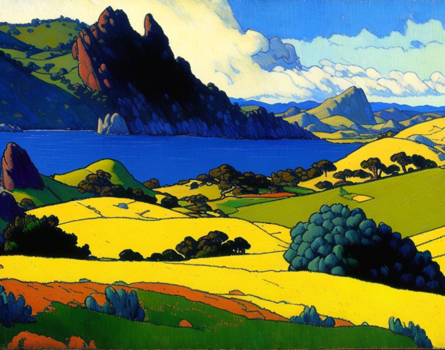 Scenic landscape painting of yellow hills, blue lake, trees, and rocky outcrops