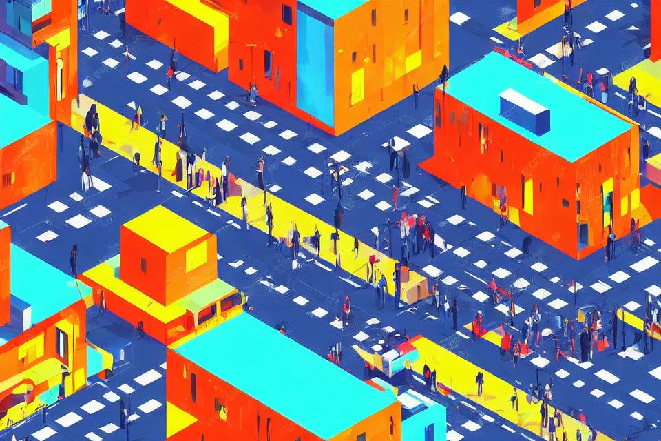 Vibrant Abstract Isometric Cityscape with Miniature Figures