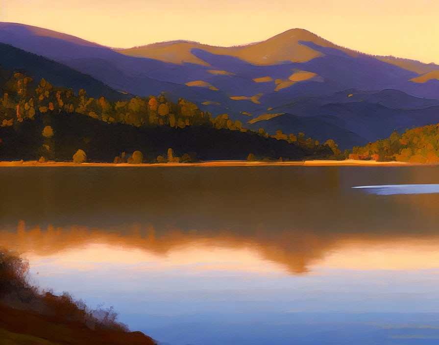 Tranquil landscape painting: still lake, autumn trees, glowing sky