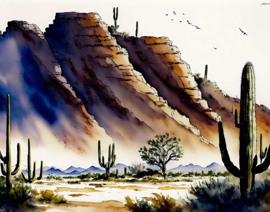 Desert scene watercolor painting with rock formations, cacti, and birds