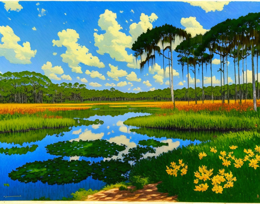 Colorful Wetland Scene with Palm Trees and Blooming Flowers