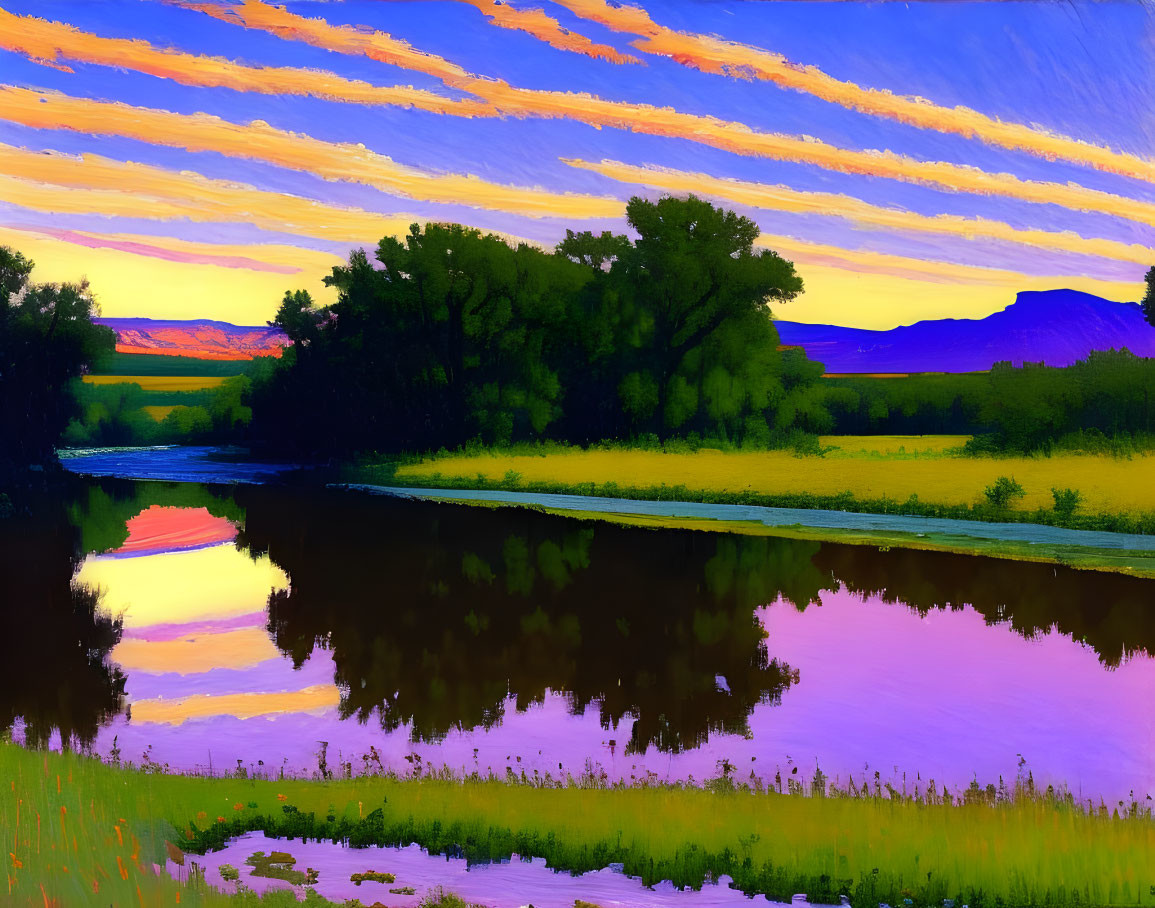 Tranquil river landscape with colorful sunset skies
