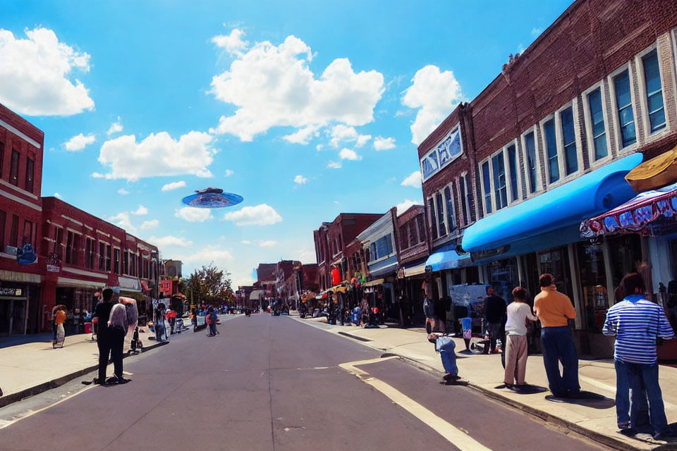 Busy street scene with brick buildings, shops, pedestrians, and UFO in the sky