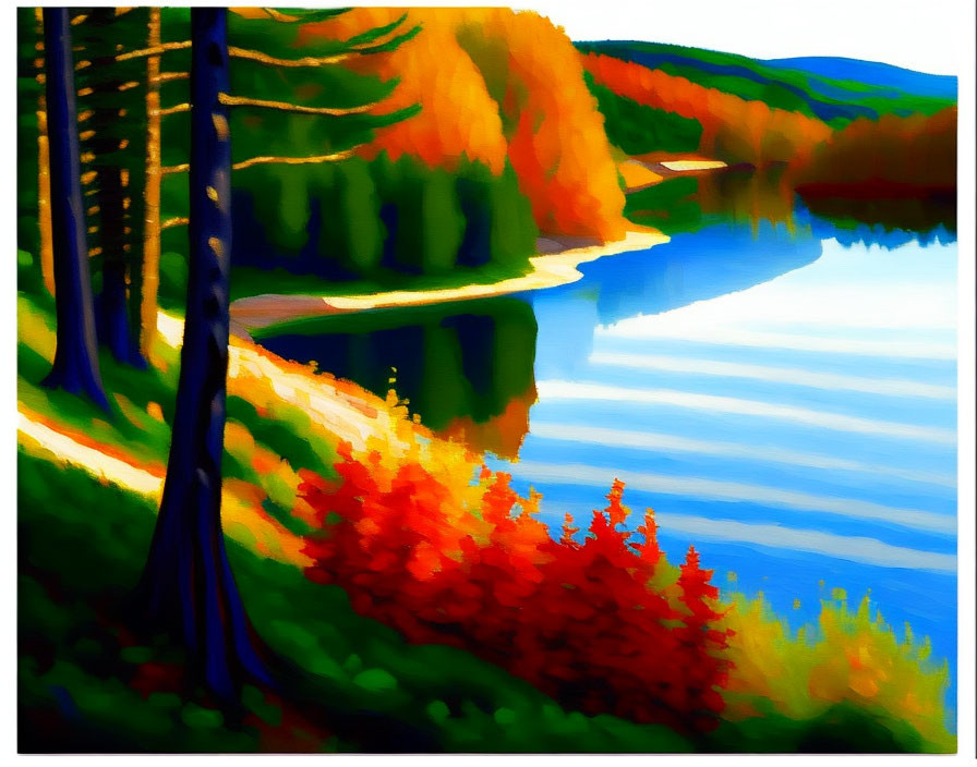 Colorful autumn riverside painting with vibrant oranges and yellows reflecting on water under deep blue skies.