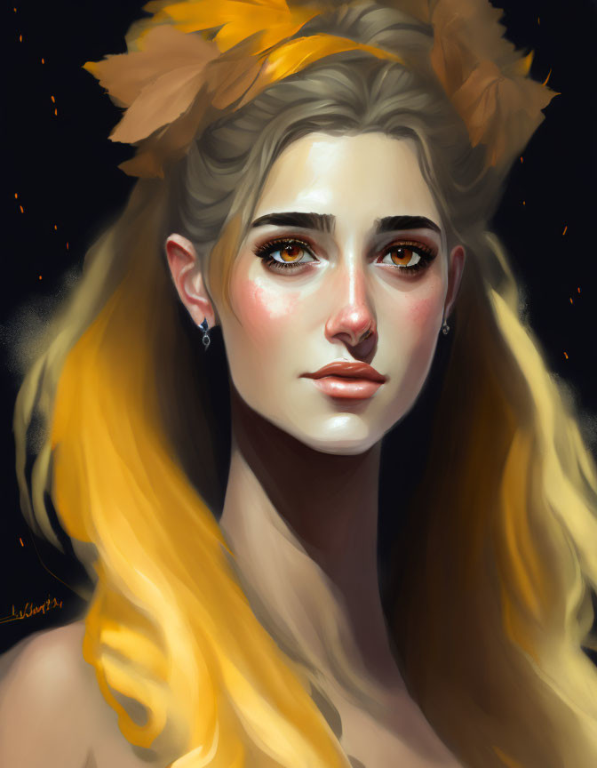 Detailed digital artwork of a woman with golden hair and yellow leaves, subtle smile, and intricate eyes on