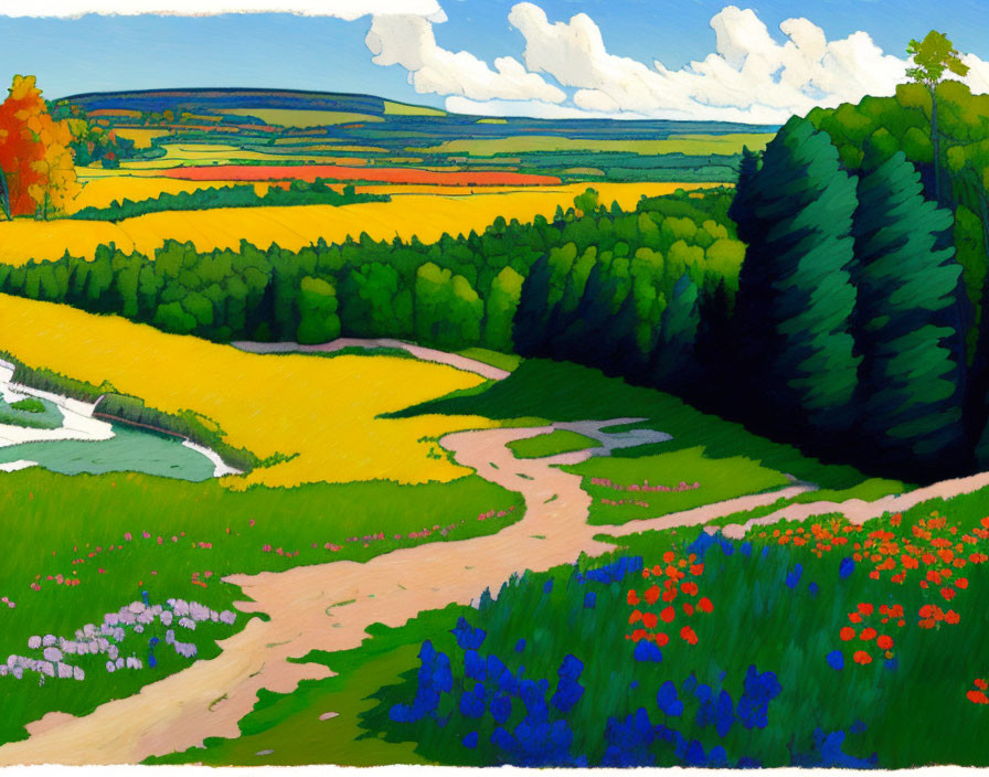 Colorful landscape painting with dirt path, fields, trees, sky, and flowers.