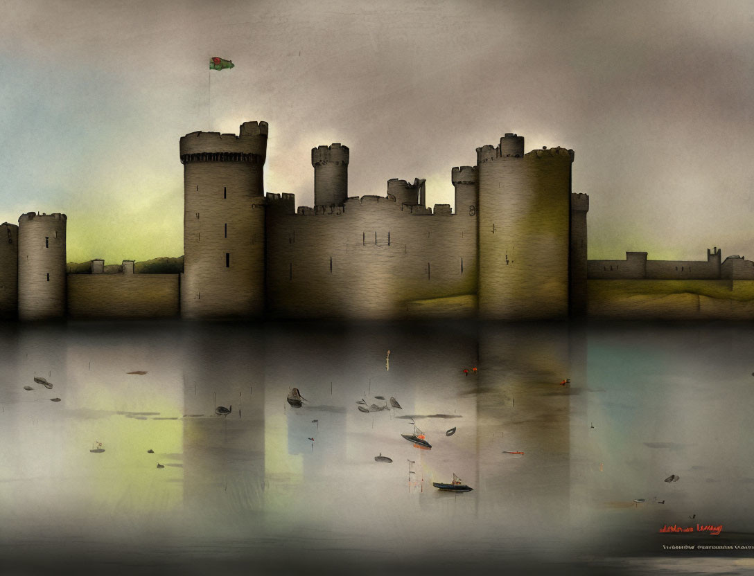 Medieval castle with towers near reflective water and boats on surface