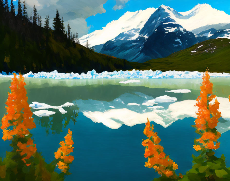Scenic painting: mountain, lake, ice, orange foliage