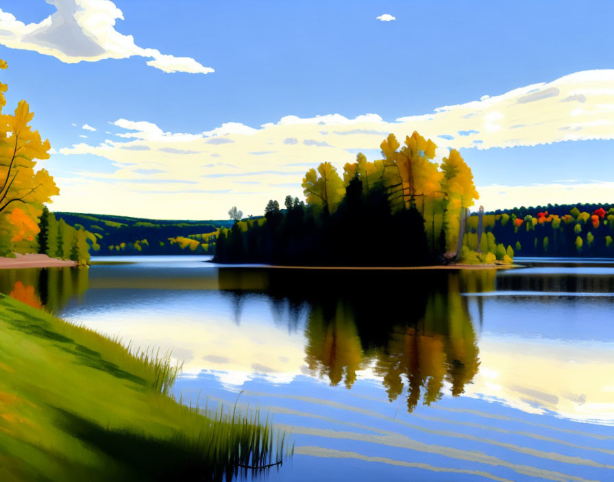 Tranquil digital painting: autumn trees reflected in lake