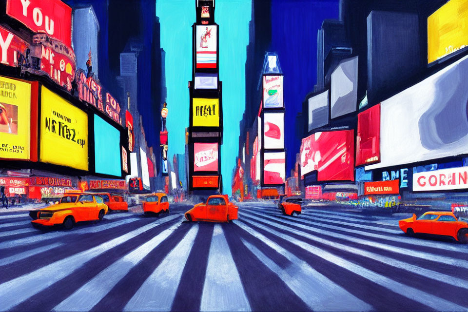 Colorful Times Square painting with blue tones and yellow taxis.