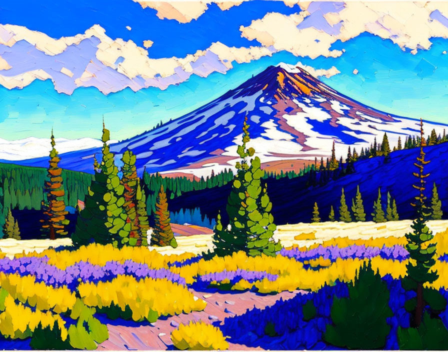 Scenic mountain painting with snow, trees, and flowers