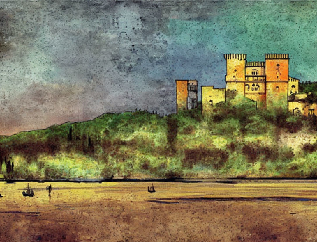 Textured painting of historic castle on hill with verdant surroundings and small figures.