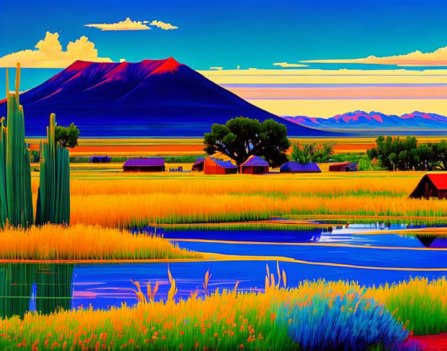 Colorful Landscape with Blue Sky, Mountain, Lake, Cacti, and Buildings