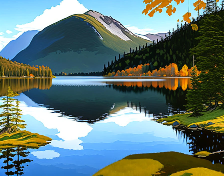 Scenic illustration of a serene lake with mountains and autumn trees.
