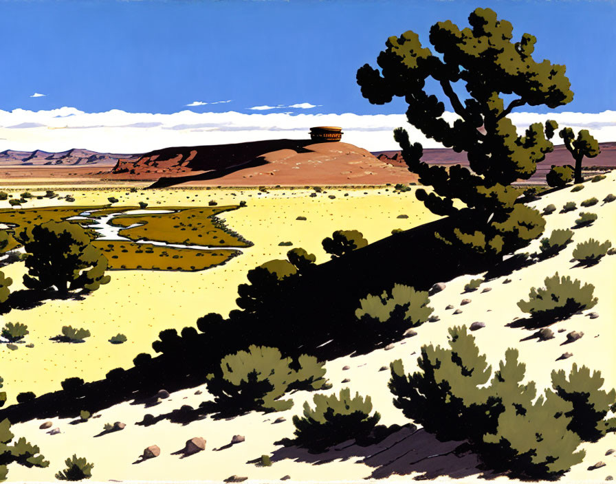 Desert landscape with tree, river, hills, and blue sky