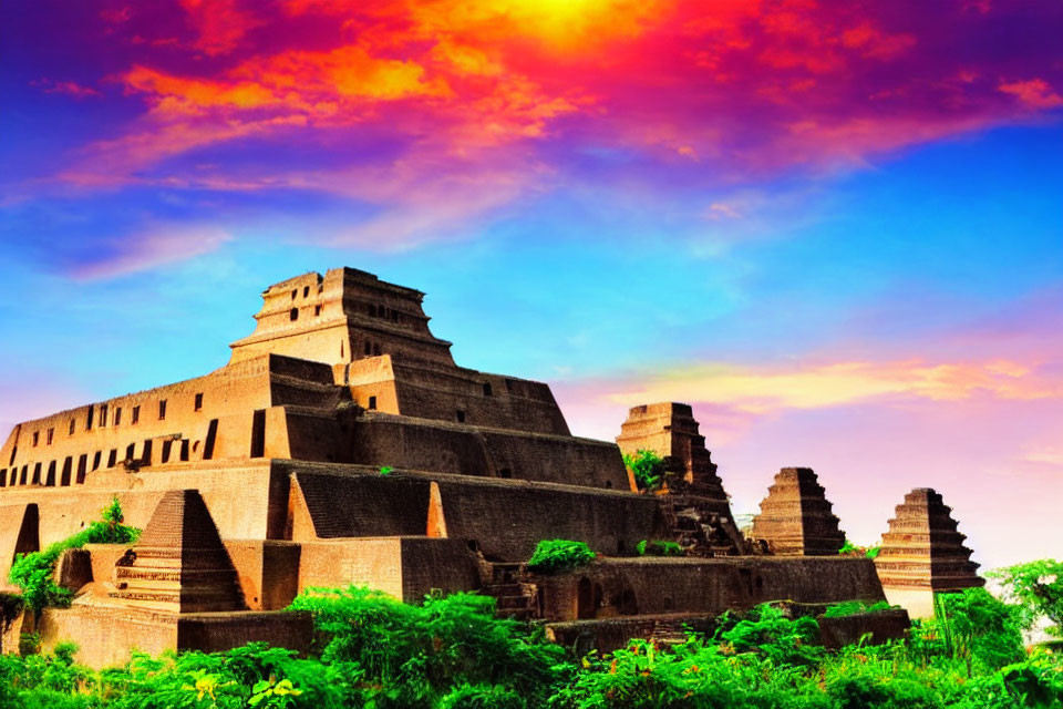 Ancient Mesoamerican pyramid in lush greenery at sunset