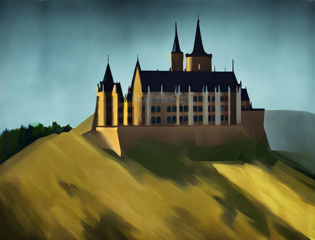 Majestic castle on a hill with towers and spires in dramatic sky