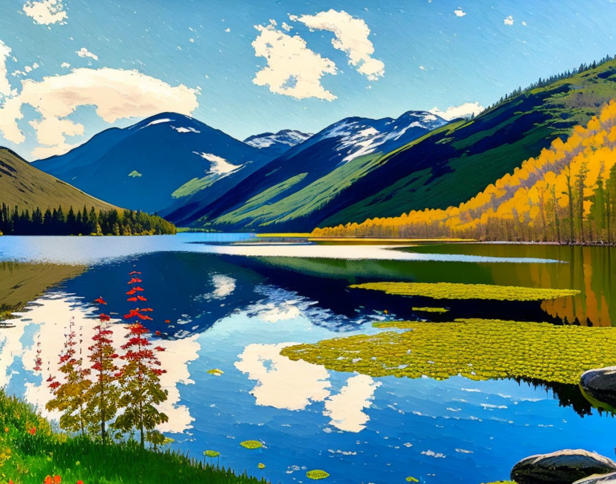 Colorful Mountain Landscape with Lake and Blue Sky