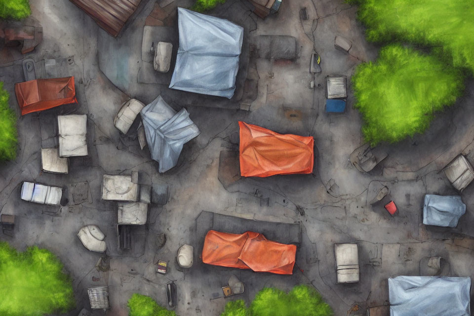 Cluttered makeshift settlement with tarps and tents in green surroundings