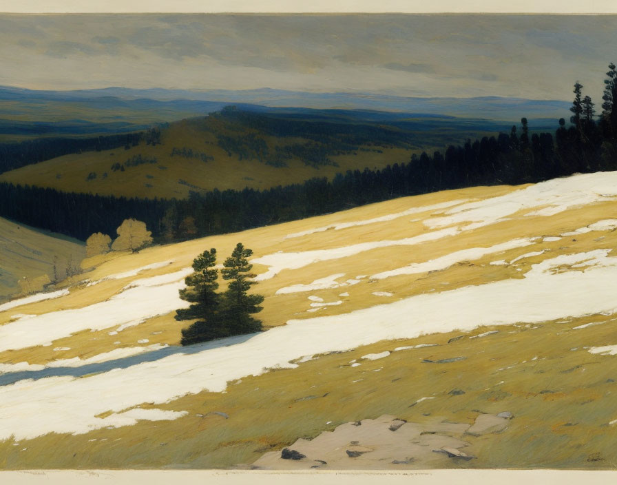 Snowy Landscape Painting with Pine Trees and Hills