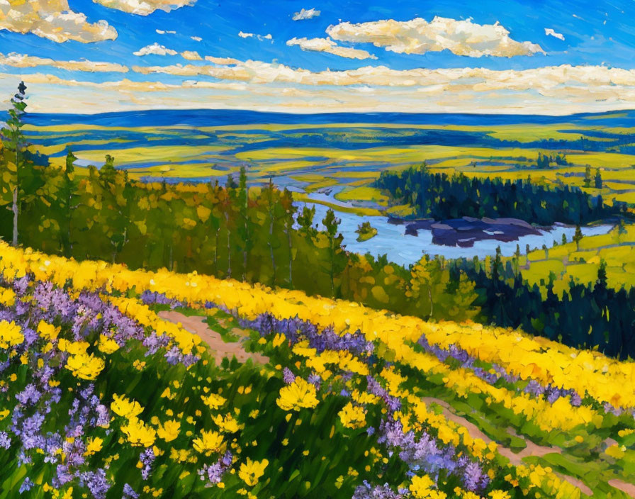 Colorful Landscape Painting with Flowers, River, Forests, and Sky