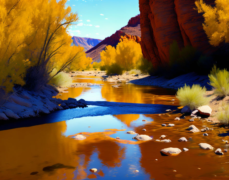 Tranquil riverbed with yellow foliage, red cliffs, and blue sky