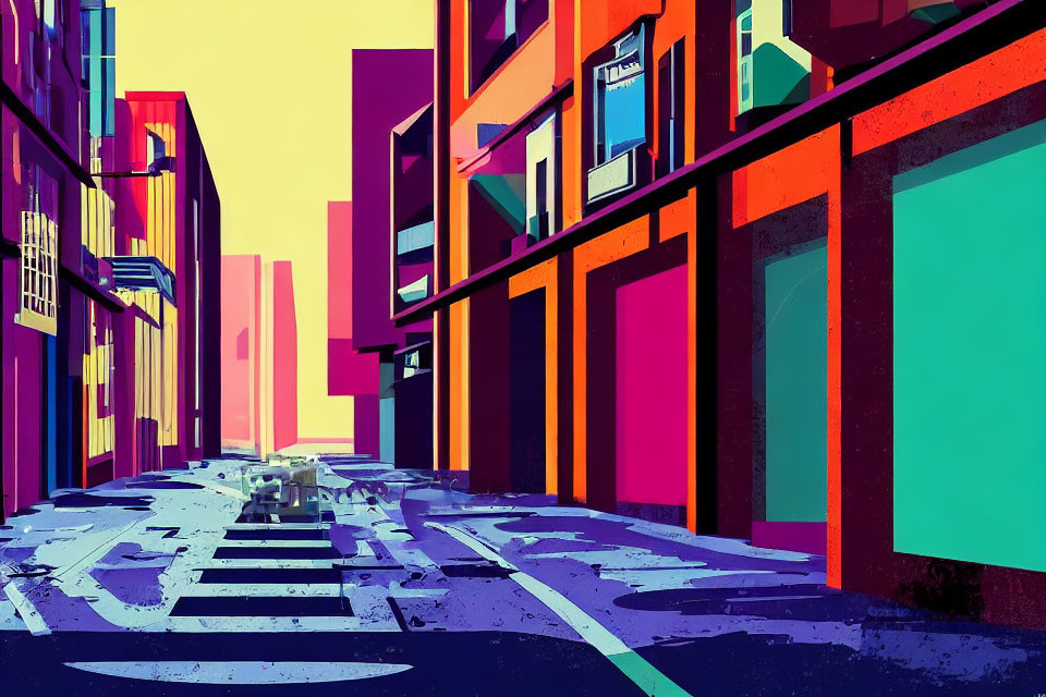 Colorful urban street illustration with bold purple, blue, pink, and green buildings.