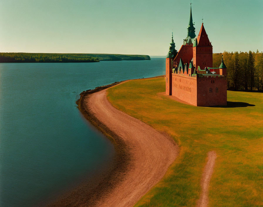 Vivid landscape featuring large red castle by the shoreline